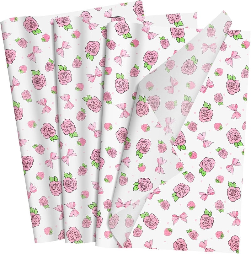 Ethanberg 60 Sheets Gift Wrapping Tissue Paper Bulk, Pink Rose Bow Tissue Paper for Gift Bags, Decorative Art Papers for DIY Crafts Wedding Birthday Baby Showers Holiday Party Decor, 20x14 Inches - Image 1
